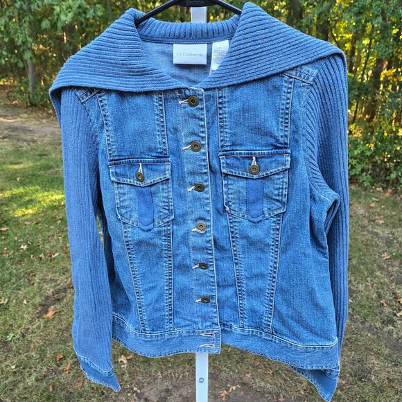 Liz Claiborne Jackets & Blazers - Liz Claiborne Denim Jean Jacket Knit Sleeves Shawl Collar Pocket Cuff Trim sz 14